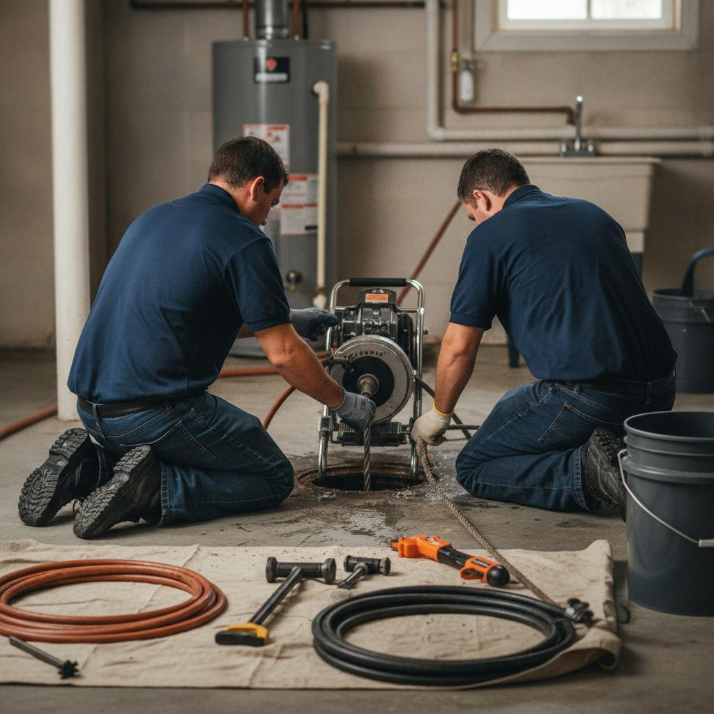Create a realistic, professional service-business photograph showing Drain Cleaning from behind, with the backs of their heads visible. Do not show any faces, facial features, front-facing views or side views, profiles, or identifiable peop