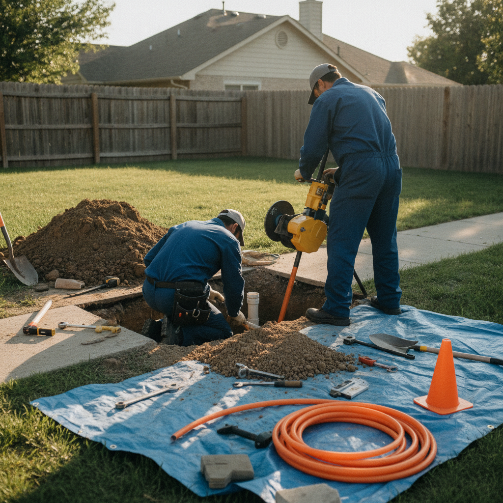 Create a realistic, professional service-business photograph showing Sewer Line Repair from behind, with the backs of their heads visible. Do not show any faces, facial features, front-facing views or side views, profiles, or identifiable p