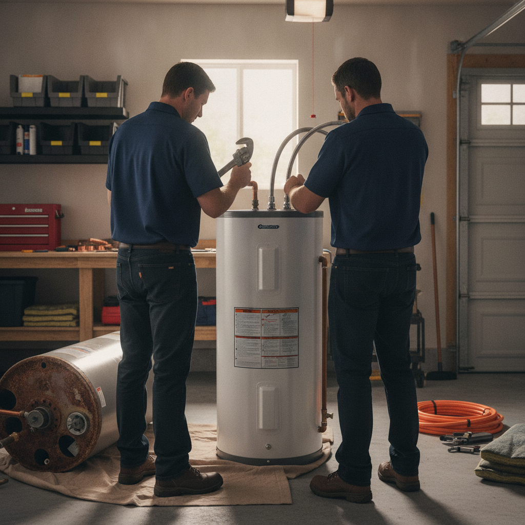Create a realistic, professional service-business photograph showing Water Heater Installation from behind, with the backs of their heads visible. Do not show any faces, facial features, front-facing views or side views, profiles, or identi