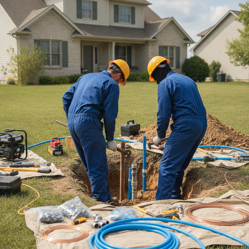 Create a realistic, professional service-business photograph showing Pipe Repair from behind, with the backs of their heads visible. Do not show any faces, facial features, front-facing views or side views, profiles, or identifiable people.